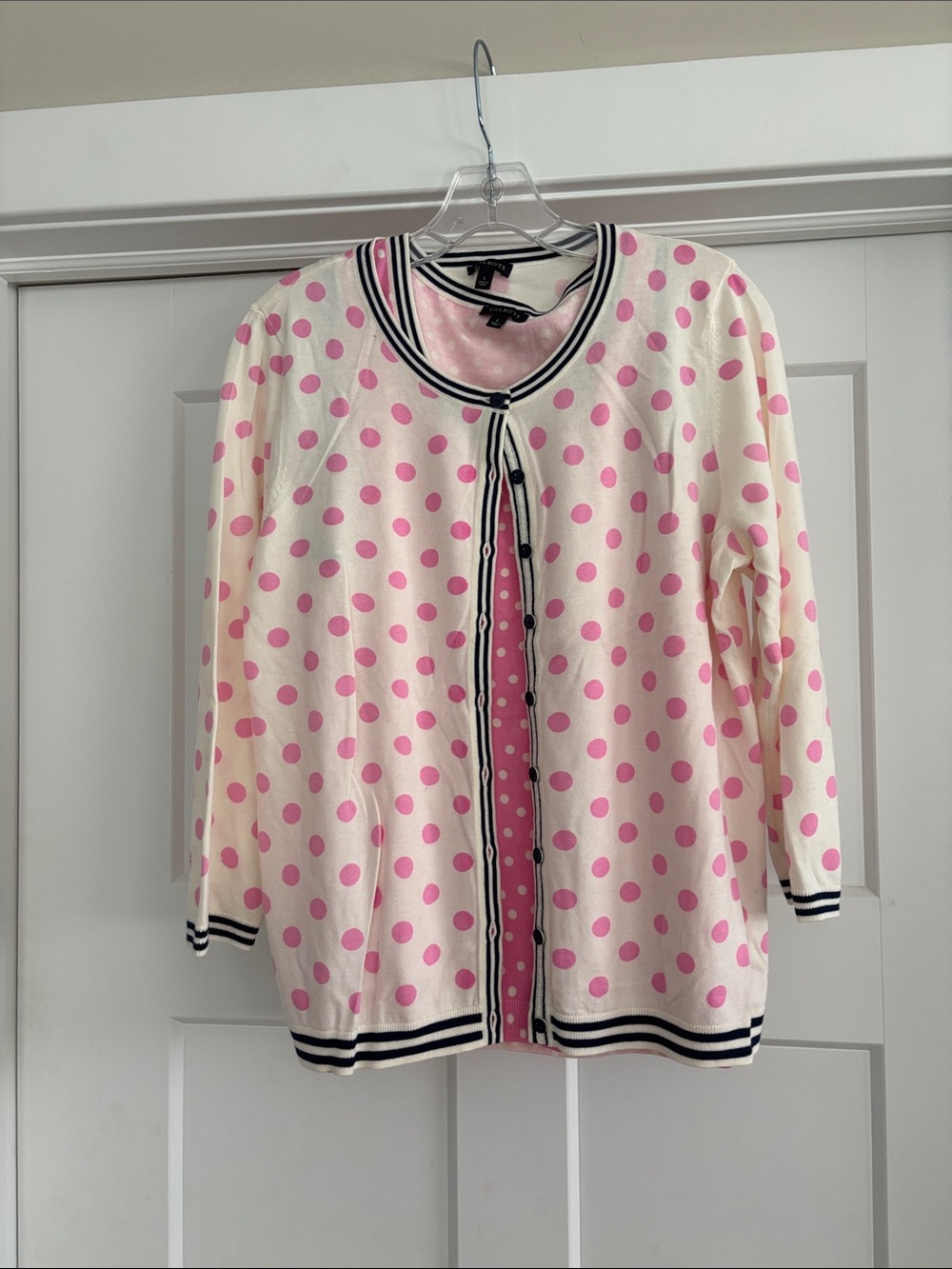 Talbots Cream Cardigan with Pink Polka Dots and Stripe Trim SET